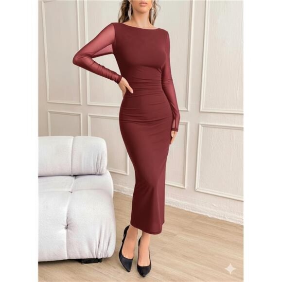 Women's Long Sleeve Dress Elegant Classy wine Red - Picture 3 of 7